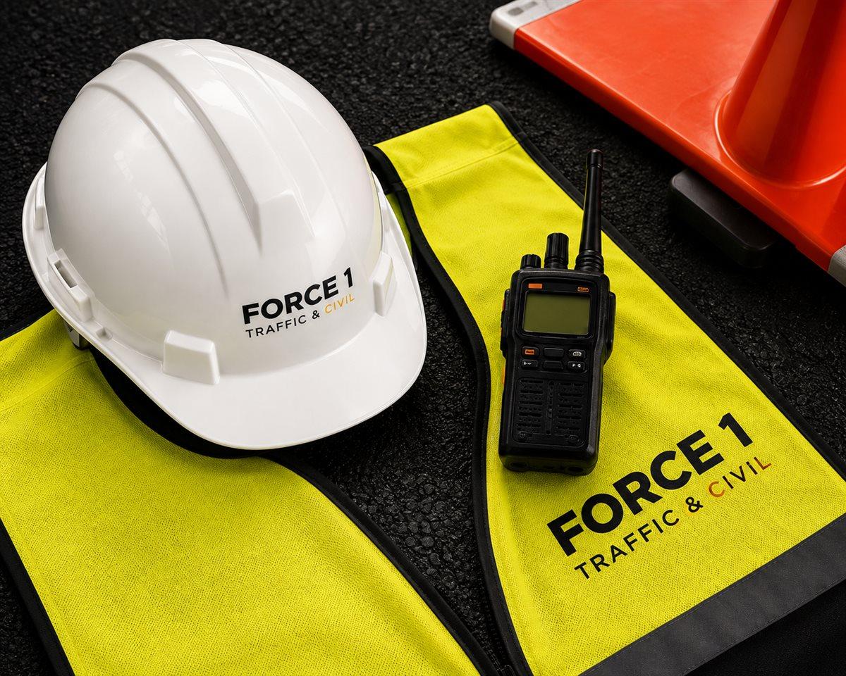 Branded Force 1 Traffic/Civil hard hat, hi-vis vest, two-way radio and traffic cone laid out on asphalt