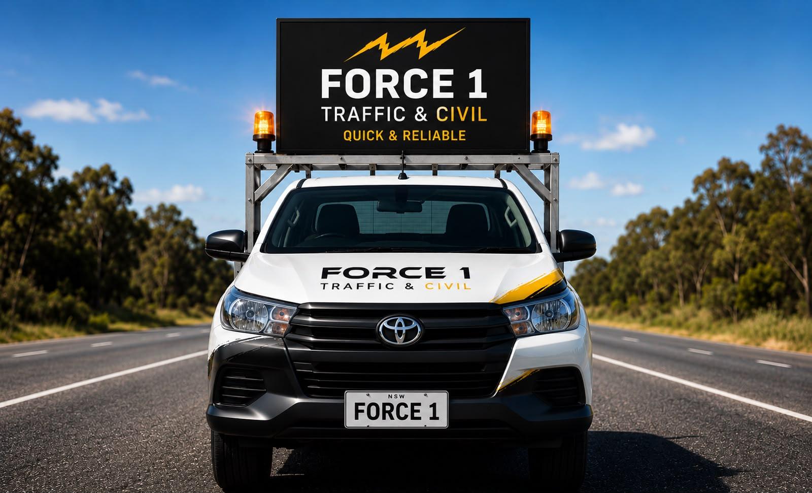A branded Force 1 Traffic/Civil ute fitted with a variable message board, parked on a NSW highway